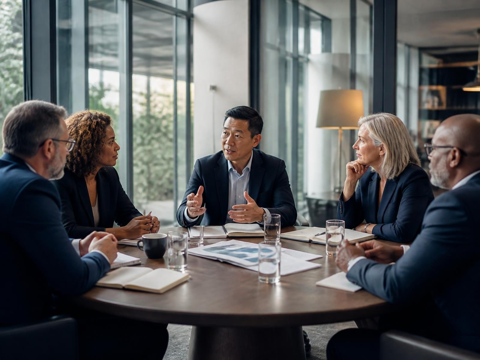 Executive advisory session around a round table in a daylit glass room
