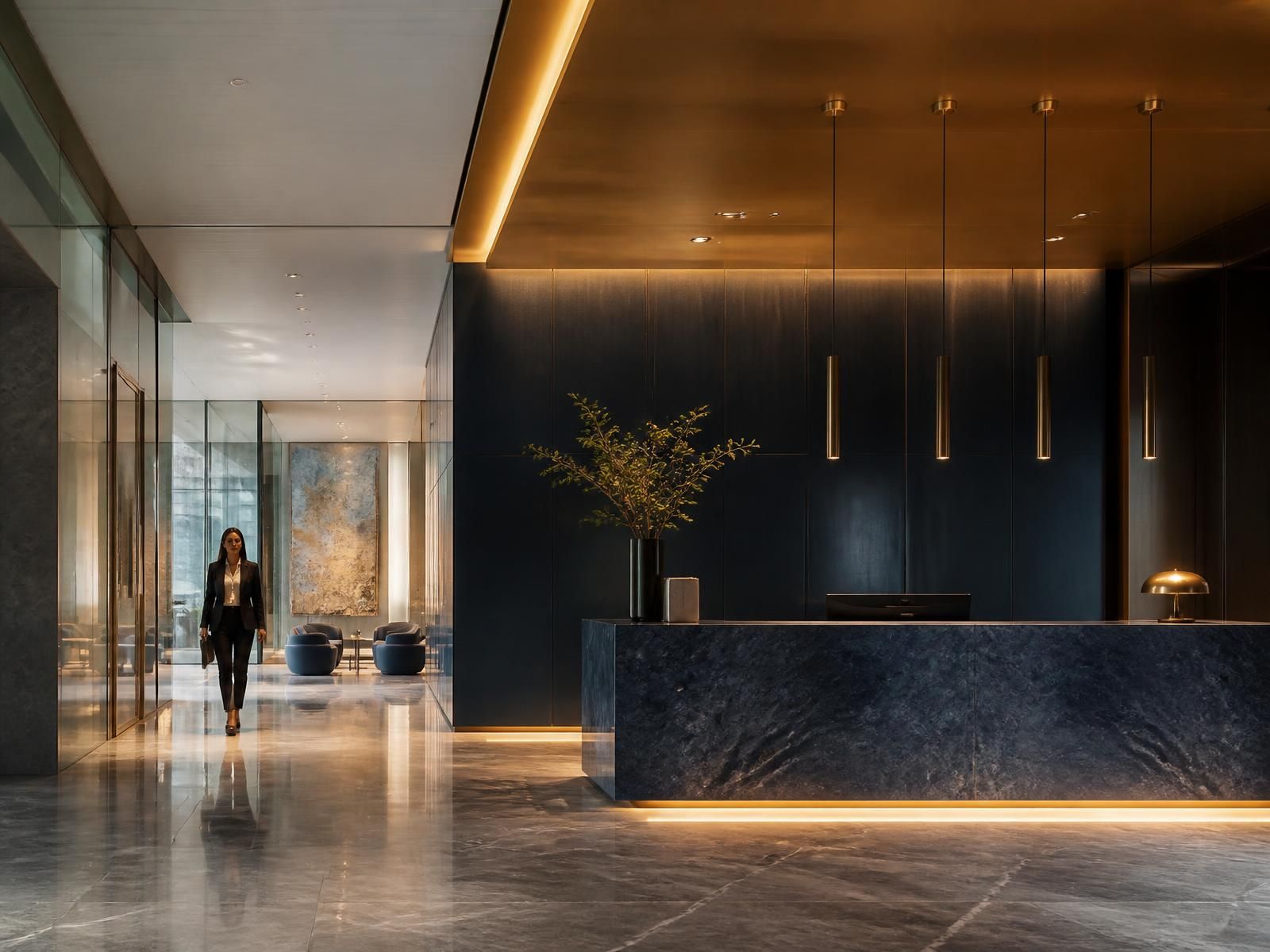 Modern corporate lobby with warm lighting and a stone reception desk