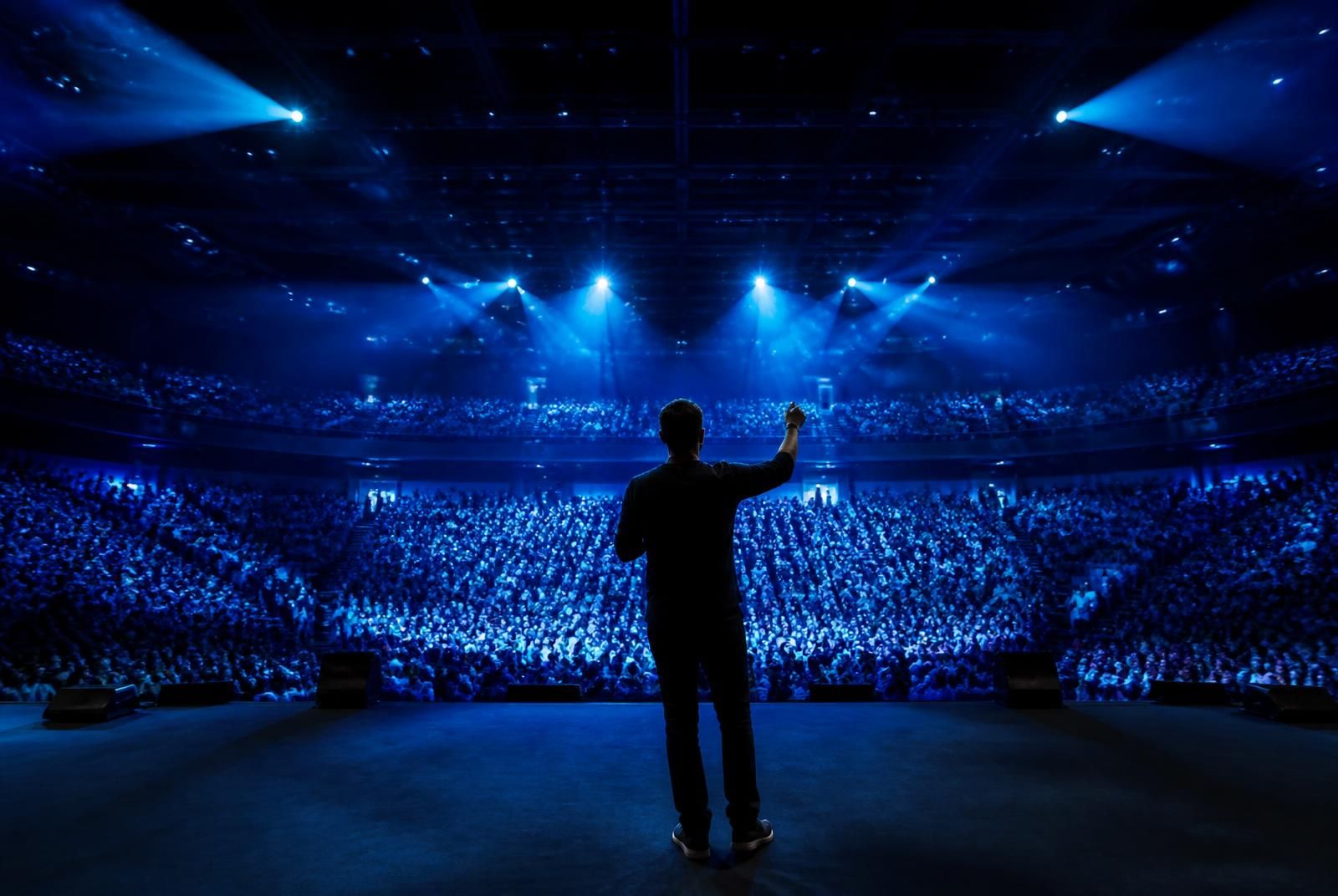 Keynote speaker addressing an executive audience on a darkened mainstage