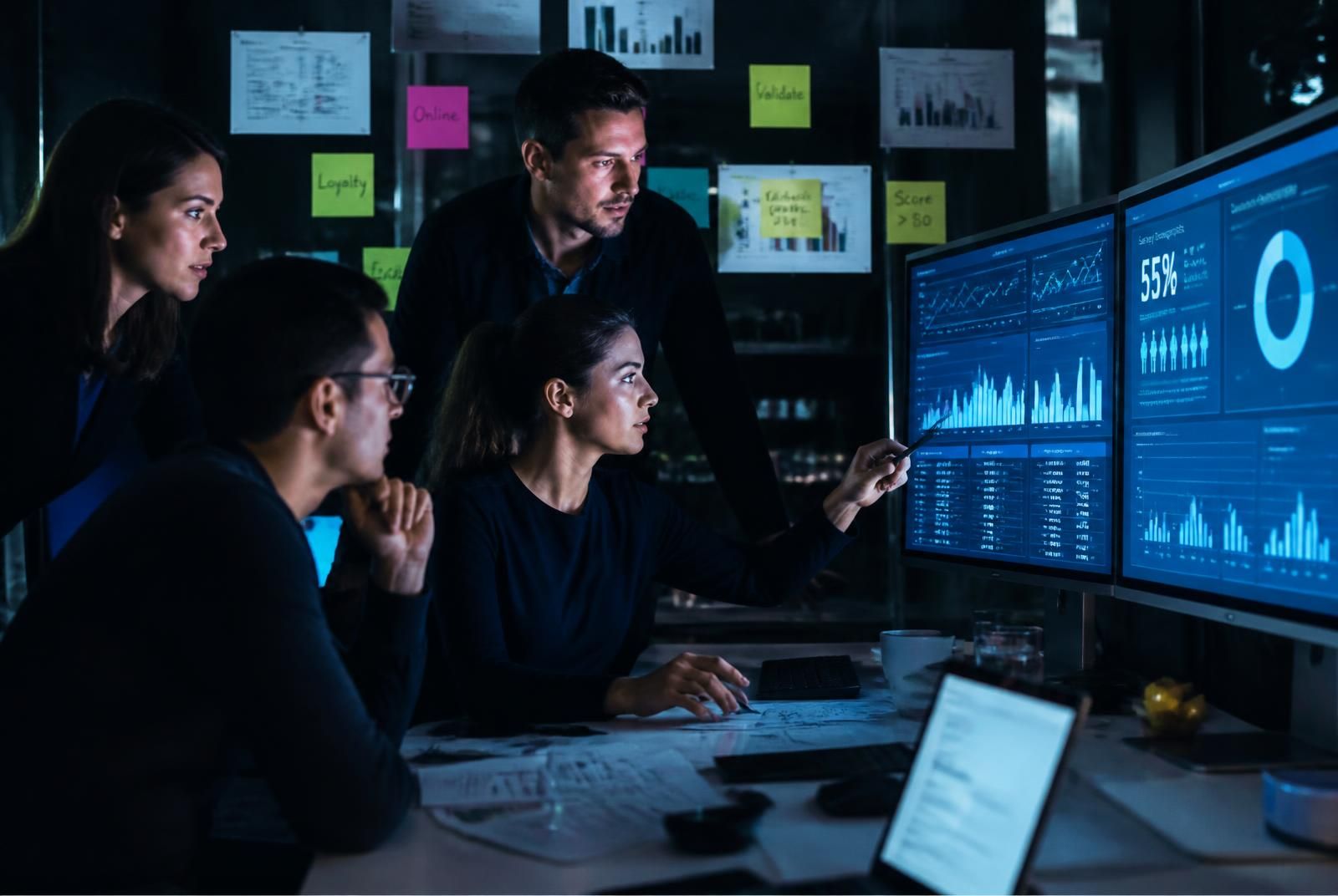 Research analysts reviewing leadership data visualizations on large screens